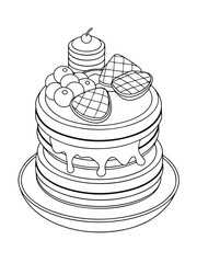 Breakfast Spread with Pancakes, Waffles, and Syrup Drizzles – Morning Meal Adult Coloring Page on White Background