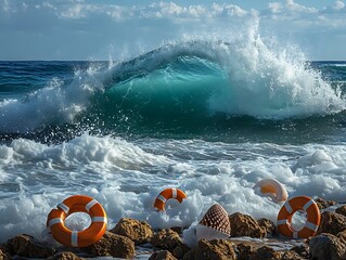 Powerful Ocean Wave Crashing Against Rocky Shore with Dramatic Seascape