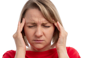 A young woman with a pained expression holding her head, indicating a headache against a white background.