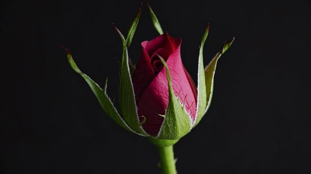 The video captures a close-up of a rosebud slowly blooming against a dark background, emphasizing natural beauty with a static camera angle.