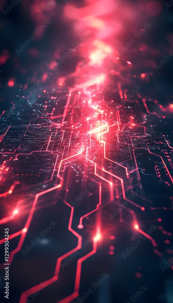Poster glowing red circuit board showing digital connections and networks