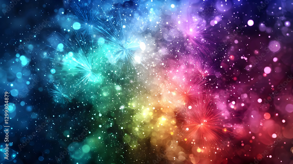 Poster abstract colorful background of bokeh and sparkles with rainbow light effect