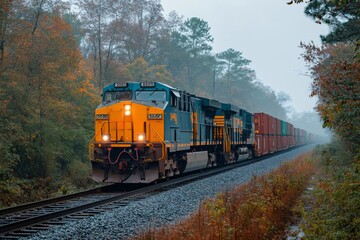 Freight train moving through foggy autumn forest