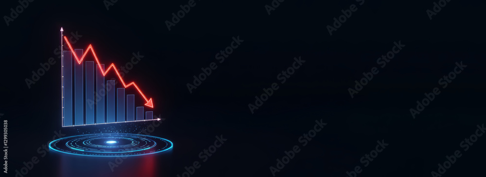 Poster graph with a downward trend is shown on a dark background. the graph is red and blue. for background