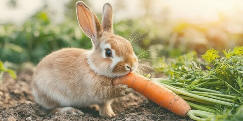 International carrot day with vegetable and harvest idea. Cute rabbit nibbling on a fresh carrot in a garden setting.