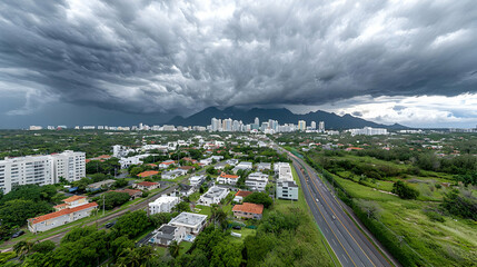 Obraz premium Dramatic Overcast Sky Above Coastal City with Dark Storm Clouds Rolling in During the Day