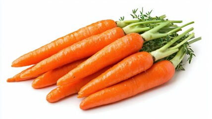 International carrot day with vegetable and harvest idea. Fresh, vibrant carrots arranged with green tops on white background.