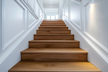 Fototapeta premium Wooden staircase leading upwards in a modern home interior