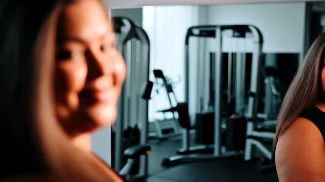 Confident plus-size woman smiles while looking at camera in fitness center