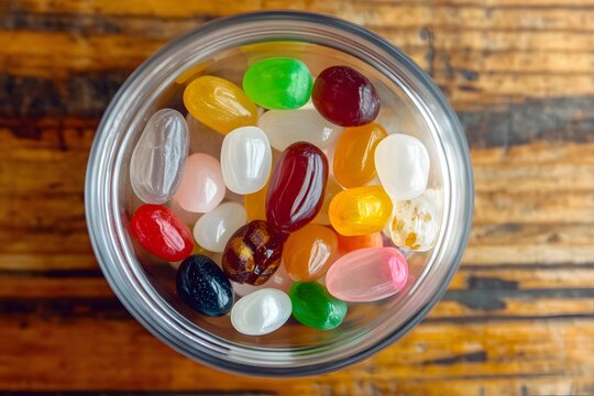 Jelly Bean Bonanza: A vibrant assortment of jelly beans bursts forth from a clear glass container, inviting indulgence and conjuring the sweet nostalgia of childhood treats.