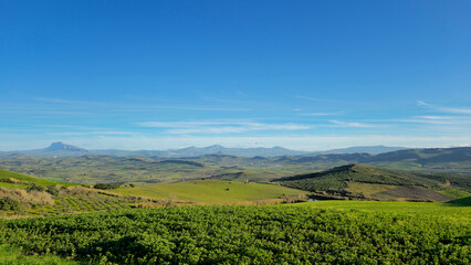 Fototapeta premium Scenic panoramic view of green hills with mountains on the horizon under a blue sky.