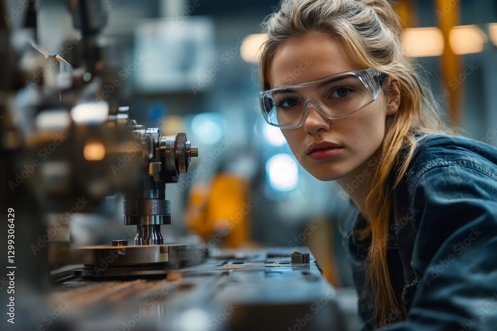 Aufkleber female mechanical engineer working on a machine in a factory