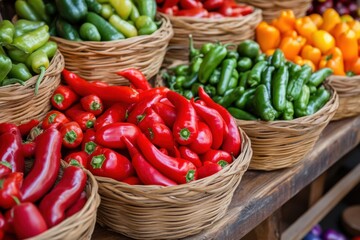 Colorful display of fresh peppers in woven baskets at a local market during the harvest season