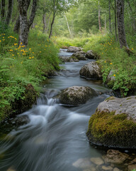 Spring creek flows gently over mossy stones under a lush green canopy