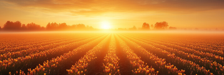 Breathtaking tulip field illuminated by golden sunrise and soft fog