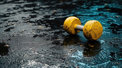 Obraz premium Abandoned yellow dumbbell on wet ground, dark background, fitness concept