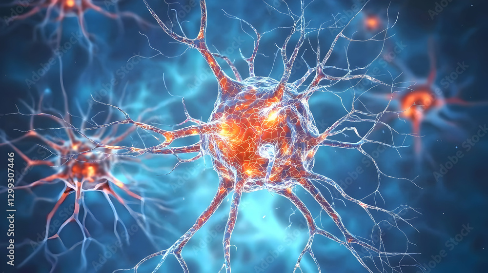 Poster abstract digital illustration of glowing neurons with blue background in a microscopic view