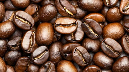 Obraz premium Close Up Image of Roasted Brown Coffee Beans Showing Texture and Detailed Surface