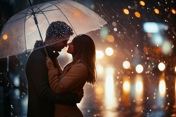 A couple embraces under an umbrella in a rainy city, surrounded by illuminated nighttime ambiance, evoking love and serenity. Romantic couple under a glowing umbrella during nighttime rain