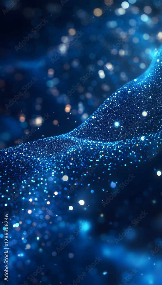 Poster a flowing blue abstract pattern with sparkling particles appears