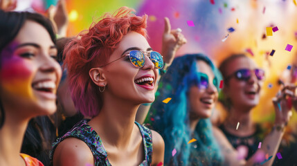 Fototapeta premium A group of friends enjoying each other's company amidst a vibrant and colorful setting, expressing happiness, diversity, and unity. The scene exudes positivity, joy, togetherness. LGBT, pride concept