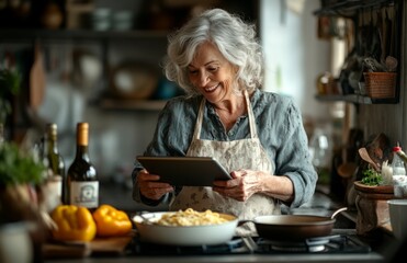 Elderly woman cooking pasta in kitchen, using tablet to follow recipe