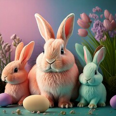 three pastel colored easter bunnies, eggs, and flowers