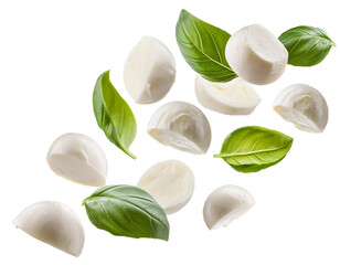 Obraz premium fallende Mozzarella Stücke isoliert auf weißen Hintergrund