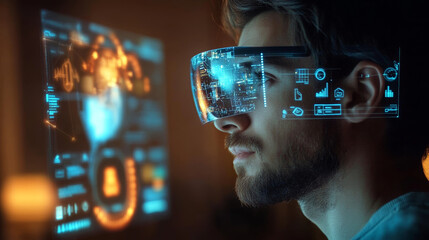 Innovative technology experience virtual reality glasses modern office digital interaction futuristic environment close-up view immersive concept