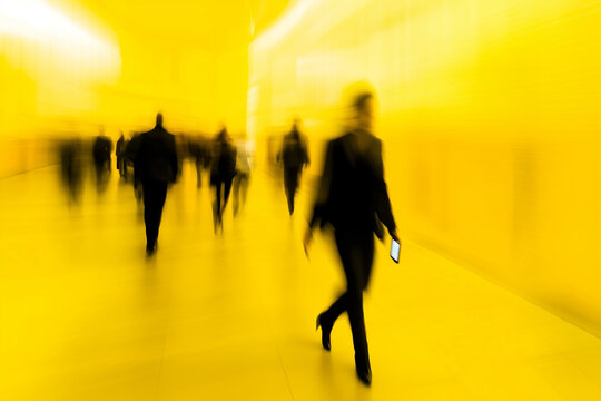 Foto de larga exposici&oacute;n de una multitud de personas caminando en el interior de un lobby de una oficina