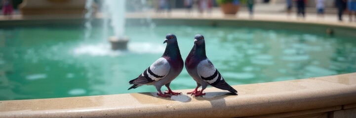 Fototapeta premium Two pigeons sitting on a fountain's edge with water flowing in the background, water, scenery, fountain