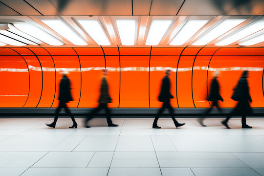 Foto de larga exposici&oacute;n de una multitud de personas caminando en el interior de una estaci&oacute;n de metro de tonos naranjas