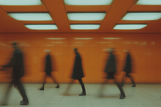 Foto de larga exposici&oacute;n de una multitud de personas caminando en el interior de una estaci&oacute;n de metro de tonos naranjas