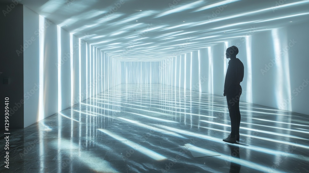 Poster silhouetted figure in a luminous corridor: a moment of contemplation amidst architectural brilliance