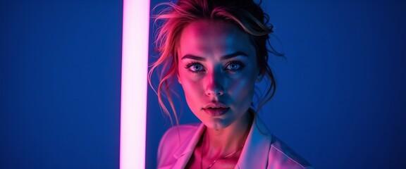 Fototapeta premium A woman with captivating gaze poses dramatically under neon lighting, creating a dynamic and vibrant atmosphere. Colors include vivid blue, pink, and red shades.