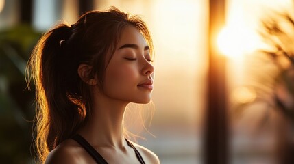 Obraz premium Serene Sunset Meditation: A Woman Finds Inner Peace