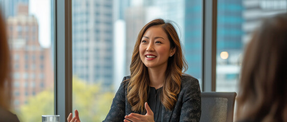 A professional woman leads a dynamic discussion in a contemporary office environment, surrounded by attentive colleagues. The vibrant city skyline adds an energetic backdrop