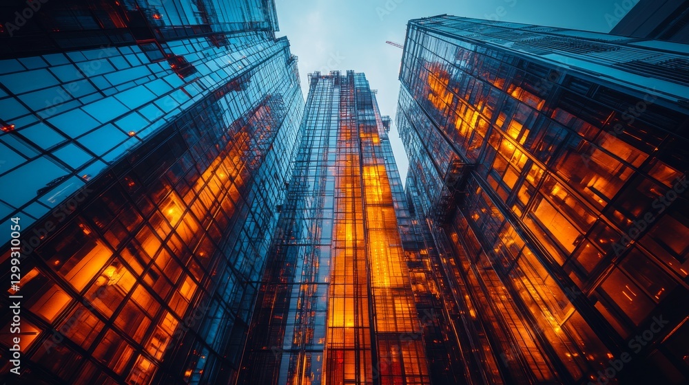Poster skyscrapers at night: a worm's-eye view of illuminated glass towers reaching for the sky, reflecting