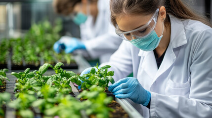 Research scientist cultivating plants in greenhouse lab environment close-up view of horticultural techniques