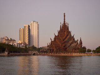 Morning view of the Sanctuary of Truth wooden temple in Pattaya, Thailand	