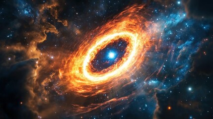 Obraz premium quasar emitting bright energy, showcasing vibrant colors ranging from deep blue to bright orange, spinning around a central point