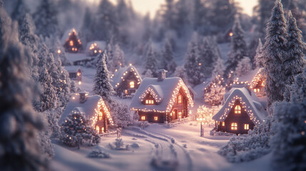 Fototapeta premium Enchanting winter village lights twinkle in a snowy landscape holiday scene peaceful environment aerial view festive concept
