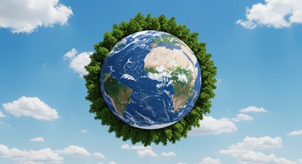 A floating 3D depiction of Earth surrounded by lush green trees set against a bright blue sky with scattered fluffy white clouds