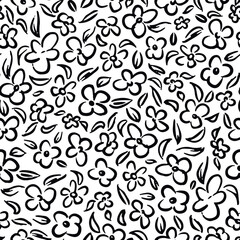 Cute handdrawn flower heads with leaves seamless repeat pattern. Random placed, vector botany aop all over surface print on white background.