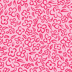 Cute handdrawn flower heads with leaves seamless repeat pattern. Random placed, vector botany aop all over surface print on pink background.