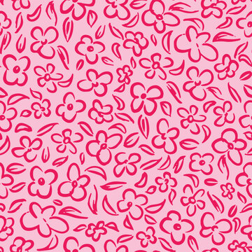 Cute handdrawn flower heads with leaves seamless repeat pattern. Random placed, vector botany aop all over surface print on pink background.