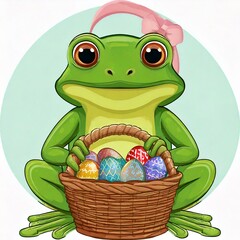illustration of a green frog holding a basket of easter eggs