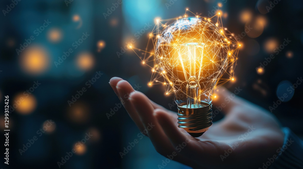 Aufkleber a glowing light bulb with a digital network of interconnected nodes floating above an open hand, sym