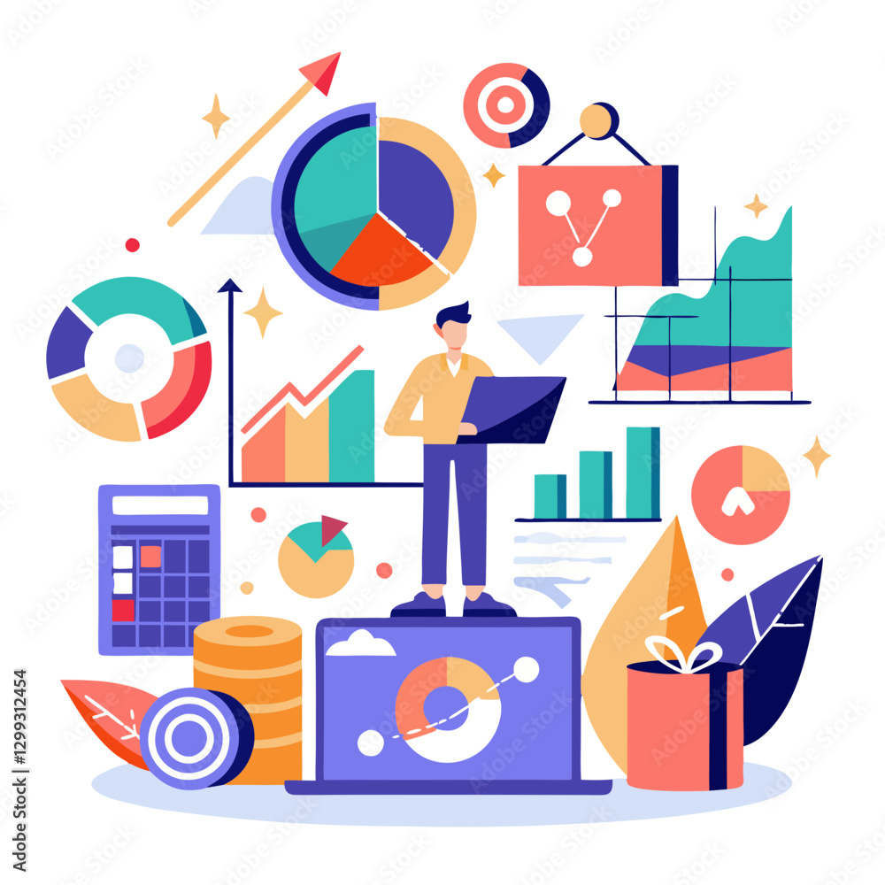 Poster colorful abstract visuals illustrate the concept of brand building through various charts, graphs, a