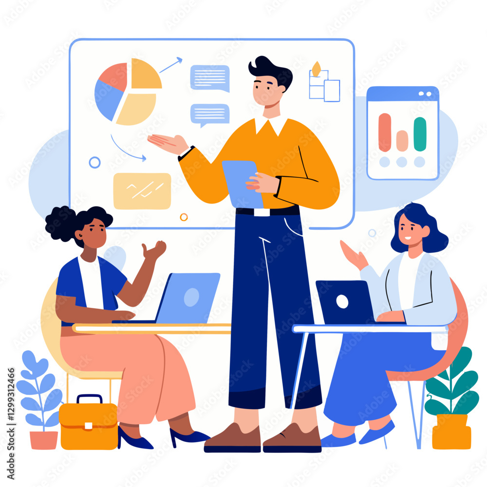 Poster business analyst stands confidently, sharing insights with stakeholders seated at tables. the settin